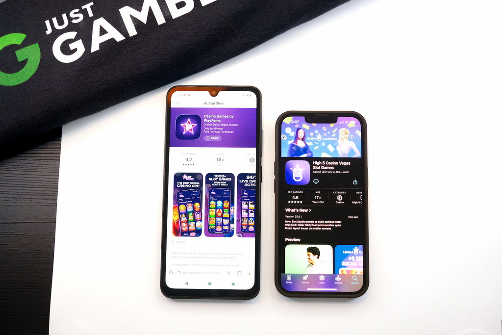Photo of Google Play Store and Apple App Sore with sweepstakes casino app ratings.