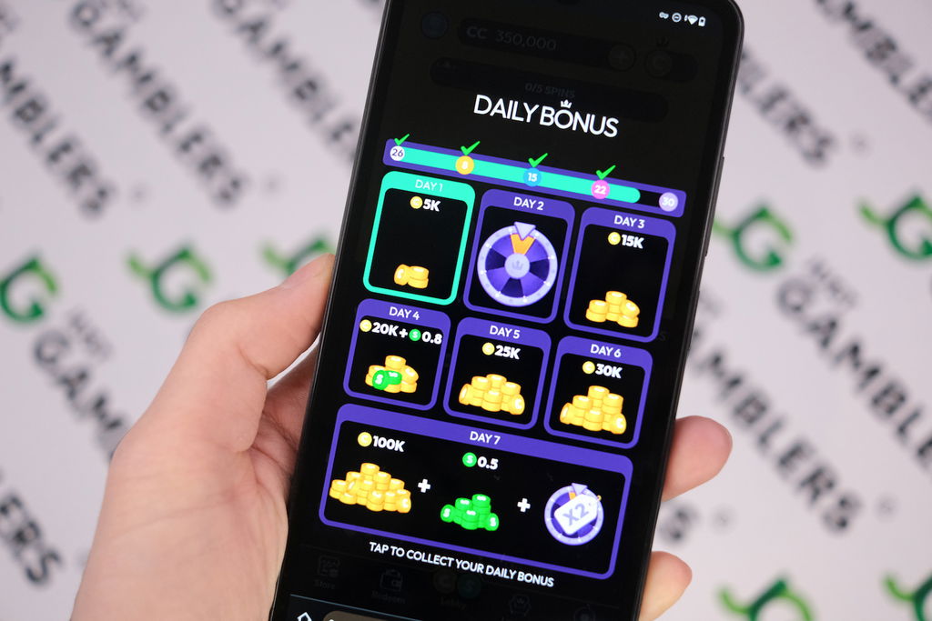 Photo example of sweepstakes casino promotions: daily login bonus by Crown Coins Casino.