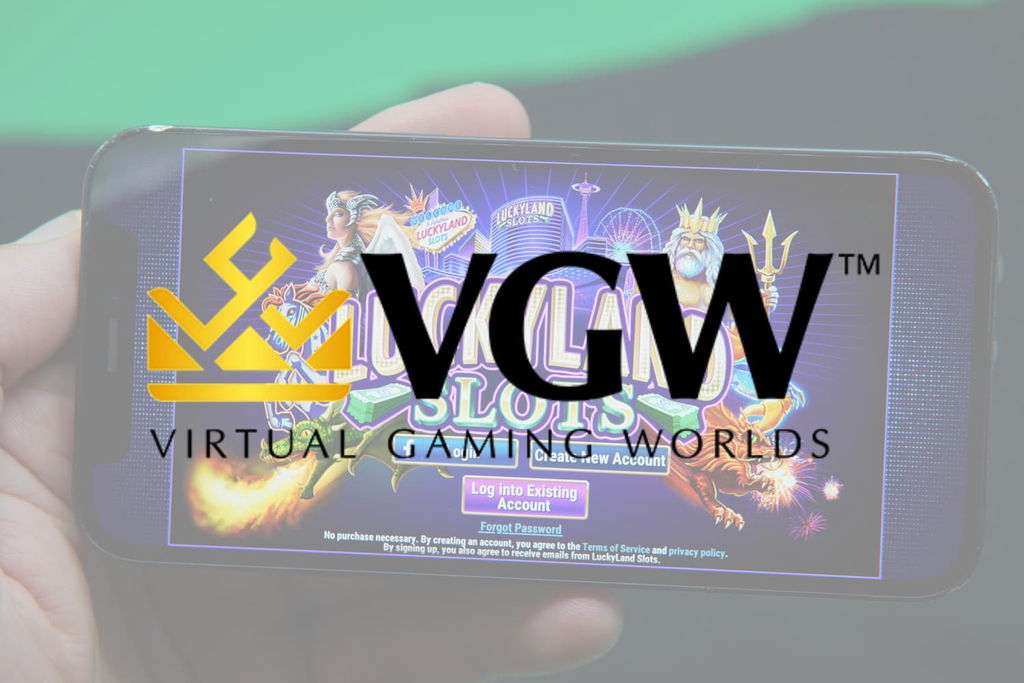 Photo of LuckyLand Slots with VGW Logo in the foreground.