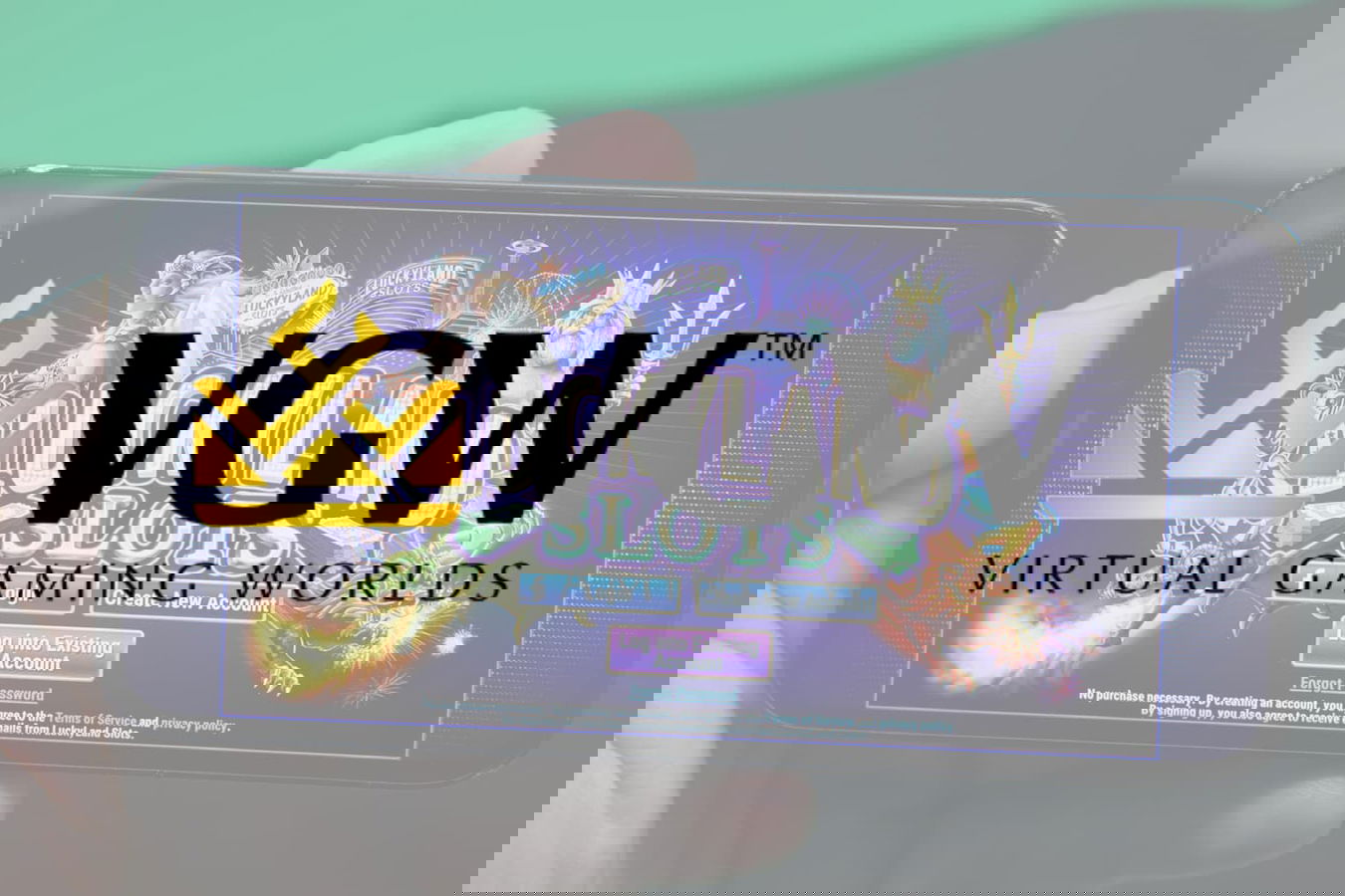 Photo of LuckyLand Slots with VGW Logo in the foreground.