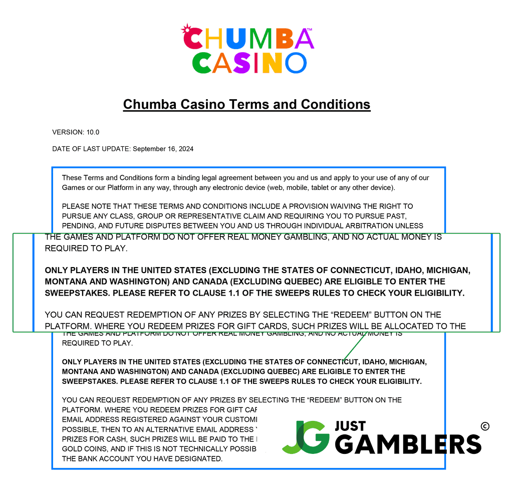 Chumba Terms and Conditions relating to availability of services following legal actions