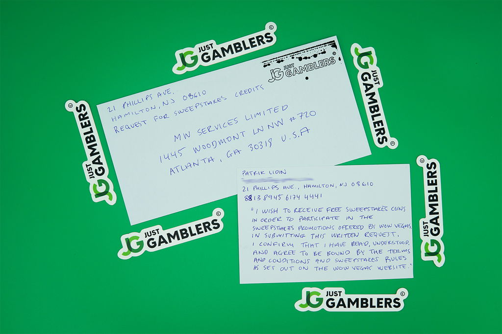 Photos of an actual letter and envelope used for making a WOW Vegas mail-in request for free sweepstakes coins.