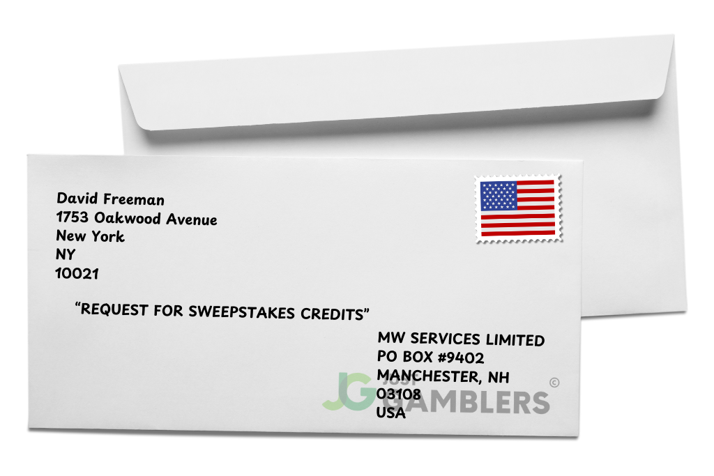 Graphic example of a WOW Vegas mail-in request envelope frontside.