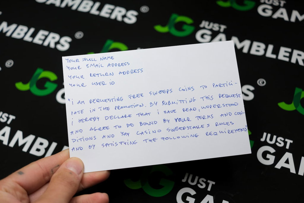 Photo of what you need to complete the Yay Casino mail-in request postcard.