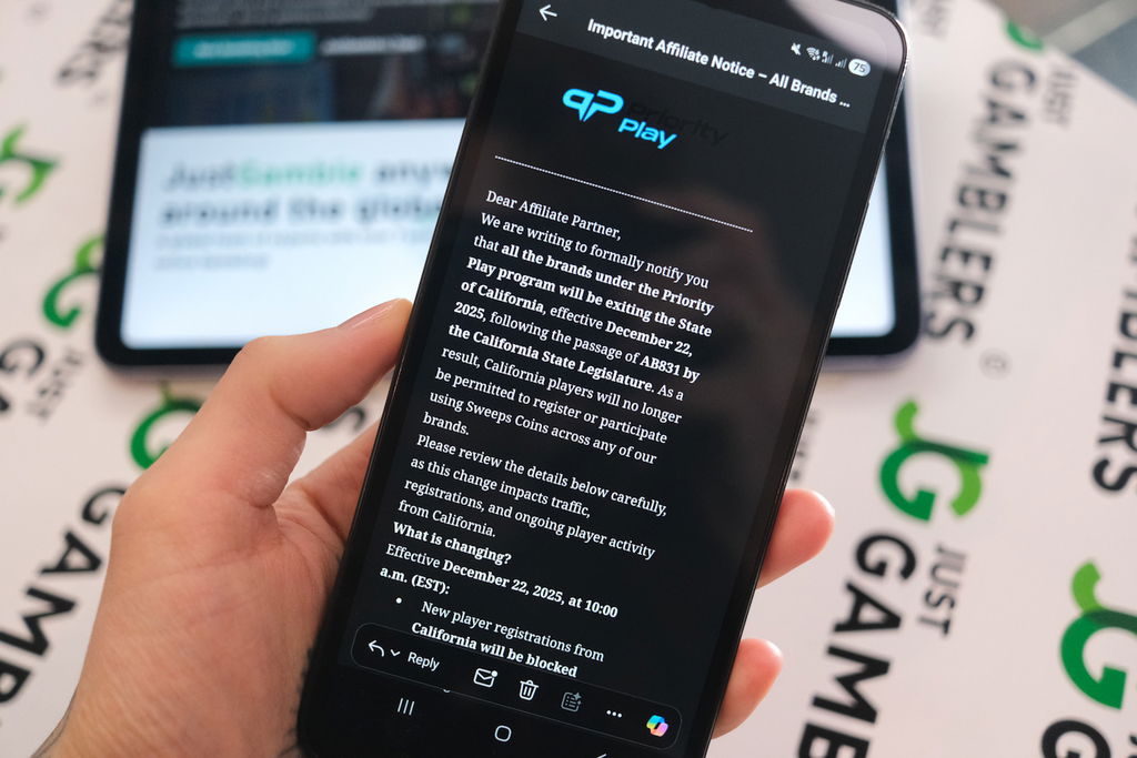 Photo of an email received by JustGamblers about Zula Casino California exit.