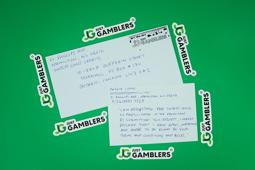 Photos of an actual letter and envelope used for making a WOW Vegas mail-in request for free sweepstakes coins.