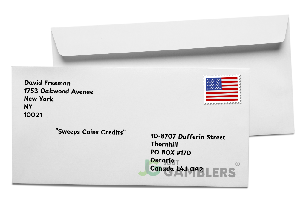 Graphic example of a Zula Casino mail-in request envelope frontside.
